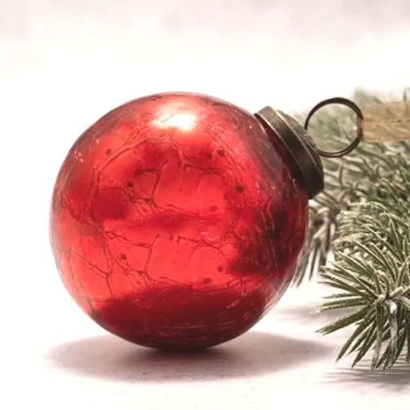 3" HAND-BLOWN RED CRACKLE GLASS BAUBLE