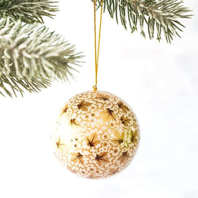 3" GOLD & WHITE LEAF CHRISTMAS BAUBLE
