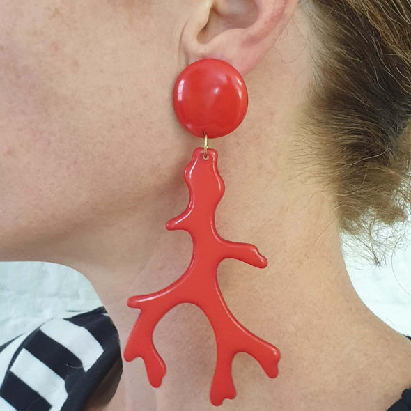 Red Coral Branch Resin Earrings