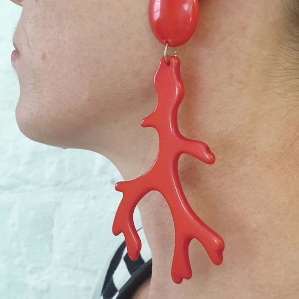 Red Coral Branch Resin Earrings