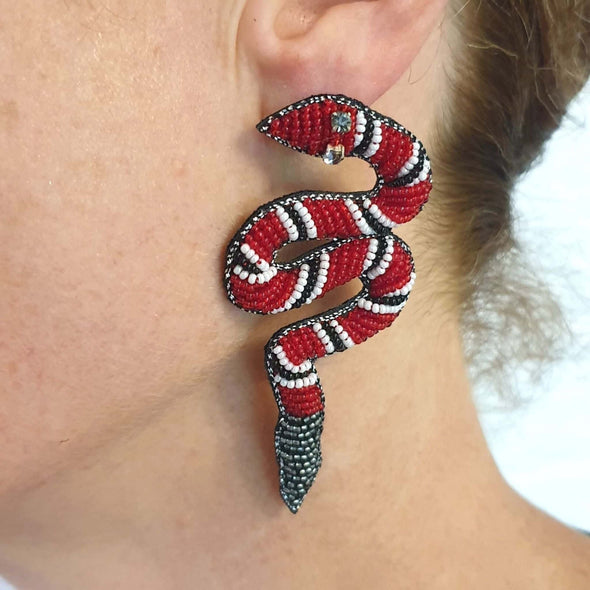 Red, Black & White Beaded Snake Earrings