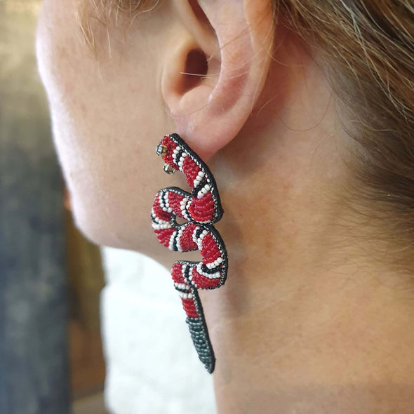 Red, Black & White Beaded Snake Earrings