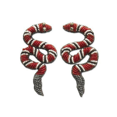 Red, Black & White Beaded Snake Earrings