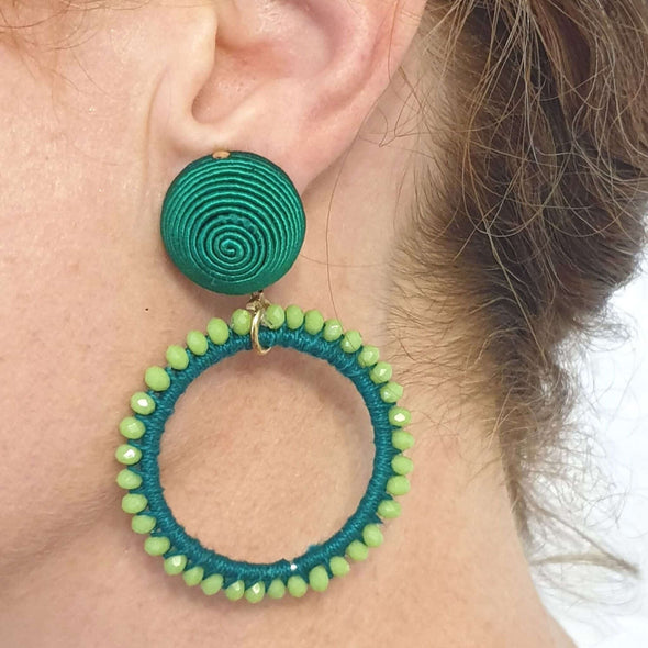 Green Beaded Loop Earrings