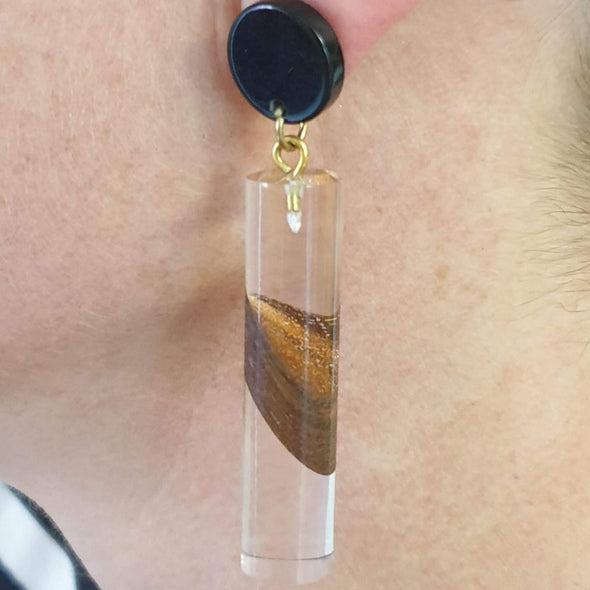 Wood Slice Clear Resin Drop Earrings