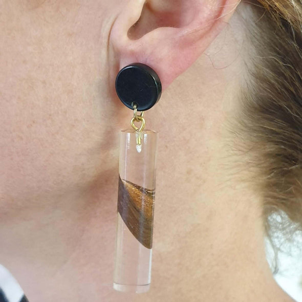 Wood Slice Clear Resin Drop Earrings