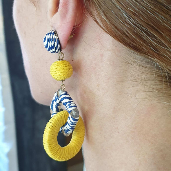 Yellow, Navy & White Stripe Square & Circle Earrings